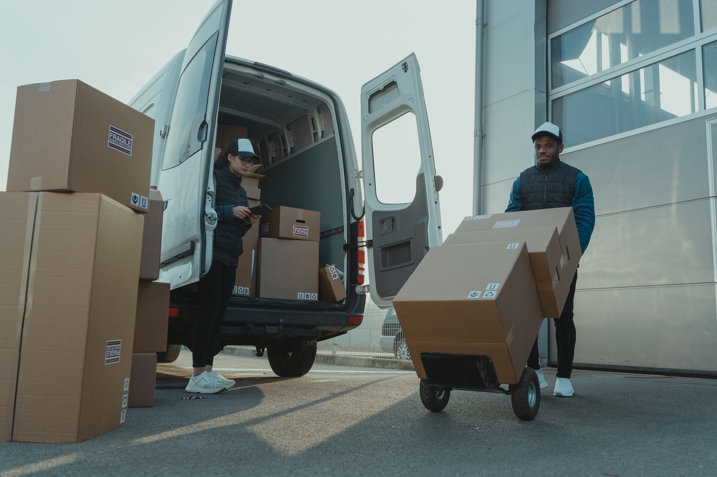 A coordinator checking a delivery on her phone while freight is loaded